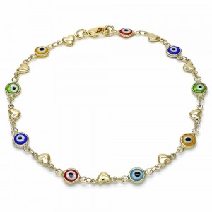 Gold Filled Fancy Anklet Greek Eye and Heart Design Multicolor Resin Finish Golden Tone