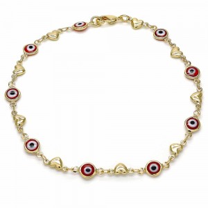 Gold Filled Fancy Anklet Greek Eye and Heart Design Red Resin Finish Golden Tone