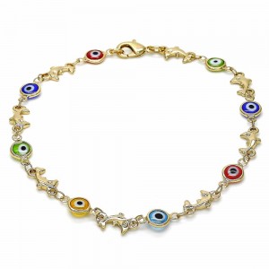 Gold Filled Fancy Anklet Greek Eye and Dolphin Design Multicolor Resin Finish Golden Tone