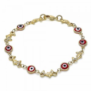 Gold Filled Fancy Bracelet Greek Eye and Dolphin Design Red Resin Finish Golden Tone