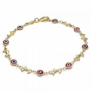 Gold Filled Fancy Anklet Greek Eye and Dolphin Design Red Resin Finish Golden Tone