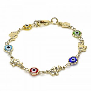 Gold Filled 6" Baby Fancy Bracelet Greek Eye and Elephant Design Multicolor Resin Finish Golden Tone