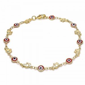 Gold Filled Fancy Anklet Greek Eye and Elephant Design Red Resin Finish Golden Tone