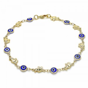 Gold Filled Fancy Anklet Greek Eye and Elephant Design Blue Resin Finish Golden Tone