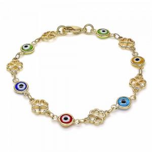 Gold Filled Fancy Bracelet Greek Eye and Four-leaf Clover Design Multicolor Resin Finish Golden Tone
