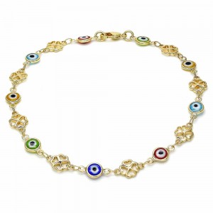 Gold Filled Fancy Anklet Greek Eye and Four-leaf Clover Design Multicolor Resin Finish Golden Tone