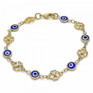 Gold Filled Fancy Bracelet Greek Eye and Four-leaf Clover Design Blue Resin Finish Golden Tone