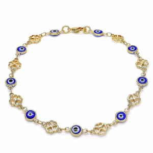 Gold Filled Fancy Anklet Greek Eye and Four-leaf Clover Design Blue Resin Finish Golden Tone