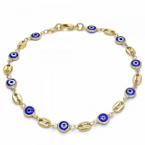 Gold Filled Fancy Anklet Greek Eye Design Blue Resin Finish Golden Tone