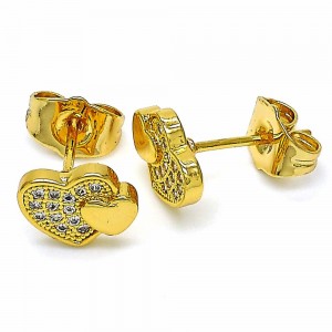 Gold Filled Stud Earrings Heart Design with White Micro Pave Polished Golden Finish