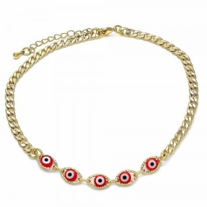Gold Filled Fancy Anklet Greek Eye Design Red Resin Finish Golden Tone