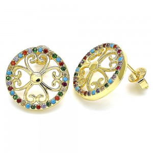 Gold Filled Stud Earring Flower Design with Multicolor Micro Pave Polished Golden Tone