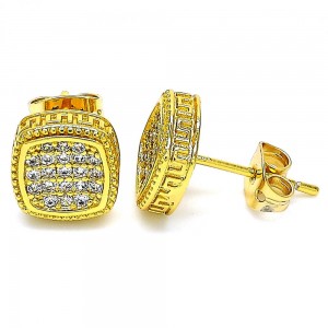 Gold Filled Stud Earring Greek Key Design With White Cubic Zirconia Polished Finish Golden Tone