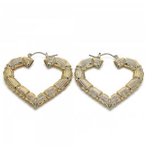 Gold Filled 55mm Medium Hoop Earrings Heart and Bamboo Design Golden Tone