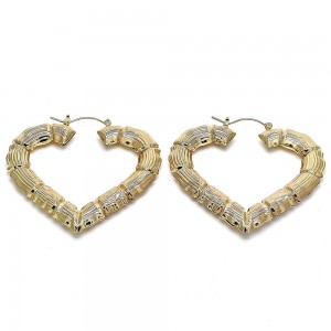 Gold Filled 65mm Medium Hoop Earrings Heart and Bamboo Design Golden Tone