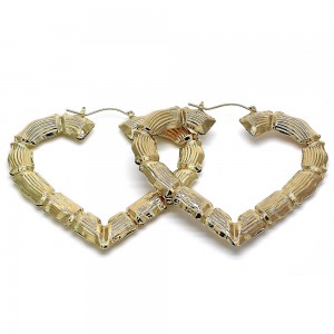 Gold Filled 85mm Medium Hoop Earrings Heart and Bamboo Design Golden Tone