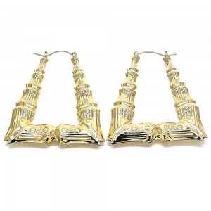 Gold Filled 78mm Large Hoop Earrings Hollow and Bamboo Design Golden Tone