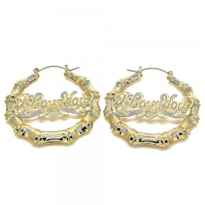 Gold Filled Large Hoop I Love You Nameplate and Bamboo Design Polished Golden Finish 55mm