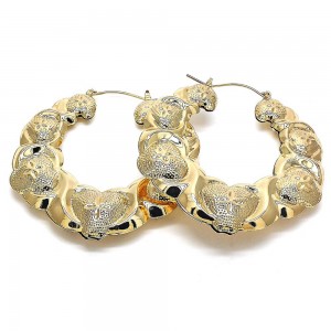 Gold Filled Medium Hoop Earrings Hugs and Kisses and Bamboo Design Golden Tone 65mm