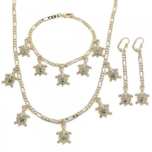Gold Filled Necklace Bracelet and Earring Turtle Design With White Crystal Polished Finish Golden Tone
