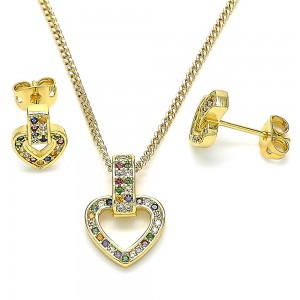 Gold Filled Earring and Pendant Set Heart Design With Multicolor Cubic Zirconia Polished Finish Golden Tone