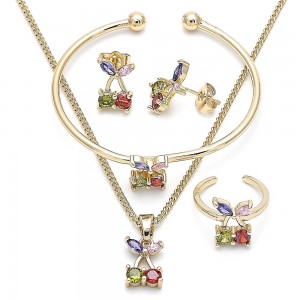 Gold Filled Earring and Pendant Children Set Cherry Design With Multicolor Cubic Zirconia Polished Finish Golden Tone