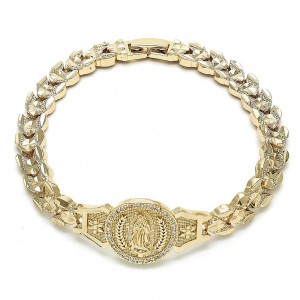 Gold Filled Fancy Bracelet Guadalupe and Flower Design With White Cubic Zirconia Diamond Cutting Finish Golden Tone