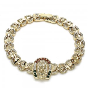 Gold Filled Fancy Bracelet Guadalupe Design With White and Multicolor Crystal Polished Finish Gold Tone
