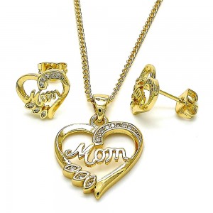 Gold Filled Earring and Pendant Set Mom and Heart Design With White Micro Pave Polished Finish Golden Tone