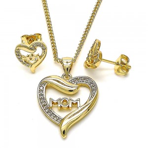 Gold Filled Earring and Pendant Adult Set Mom and Heart Design With White Micro Pave Polished Finish Golden Tone