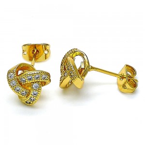 Gold Filled Love Knot Design Stud Earrings With White Micro Pave Polished Finish Golden Tone
