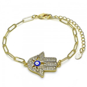 Gold Filled Fancy Bracelet Hand of God and Paperclip Design With White Micro Pave Multicolor Enamel Finish Golden Tone