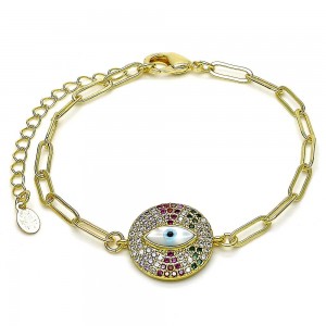Gold Filled Fancy Bracelet Greek Eye and Paperclip Design With Multicolor Micro Pave and White Mother of Pearl Polished Finish Golden Tone