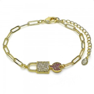 Gold Filled Fancy Bracelet Lock and Paperclip Design With Ruby and White Micro Pave Polished Finish Golden Tone
