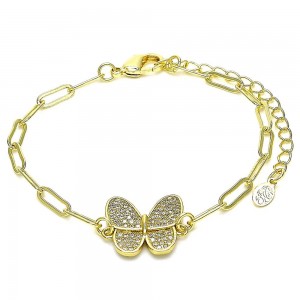 Gold Filled Fancy Bracelet Polished Finish Golden Tone Butterfly and Paperclip Design With White Micro Pave Polished Finish Golden Tone