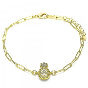 Gold Filled Paper Clip & Pineapple Design Ankle Bracelet With White CZ 10"