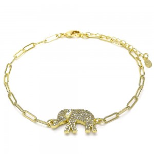 Gold Filled Fancy Anklet Elephant and Paperclip Design With White Micro Pave Polished Finish Golden Tone