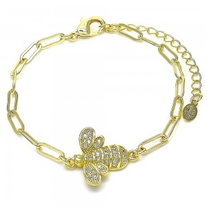 Gold Filled Fancy Bracelet Bee and Paperclip Design With White Micro Pave Polished Finish Golden Tone