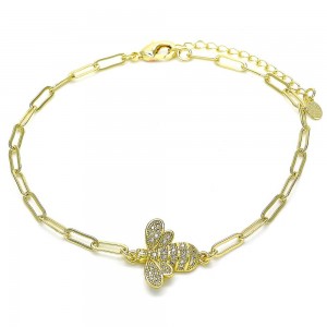 Gold Filled Paper Clip & Bee Design Ankle Bracelet With White CZ 10"