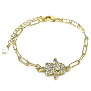 Gold Filled Fancy Bracelet Hand of God and Paperclip Design With White Micro Pave Polished Finish Golden Tone