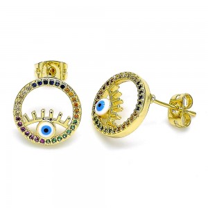 Gold Filled Greek Eye Design Stud Earrings With Multicolor Micro Pave Blue Enamel Finish Golden Tone