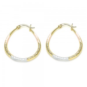 Gold Filled 30mm Medium Hoop Earrings Teardrop and Hollow Design Diamond Cutting Finish Tri Tone
