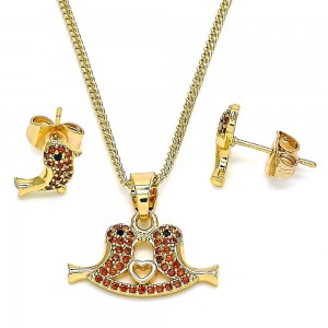 Gold Filled Earring and Pendant Set Bird and Heart Design with Garnet and Black Micro Pave Polished Golden Finish