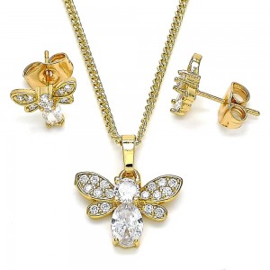 Gold Filled Earring and Pendant Set Bee Design with White Cubic Zirconia and White Micro Pave Polished Golden Finish