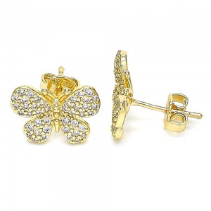 Gold Filled Stud Earrings Butterfly Design With White Micro Pave Polished Finish Golden Tone