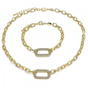 Gold Filled Necklace and Bracelet Set Paperclip Design With White Micro Pave Polished Finish Golden Tone