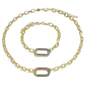 Gold Filled Necklace and Bracelet Set Paperclip Design With Multicolor Micro Pave Polished Finish Golden Tone