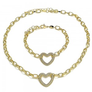 Gold Filled Necklace and Bracelet Set Paperclip and Heart Design With White Micro Pave Polished Finish Golden Tone