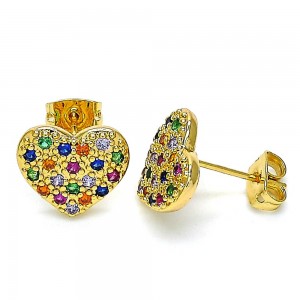 Gold Filled Stud Earring Heart Design With Multicolor Micro Pave Polished Finish Golden Tone