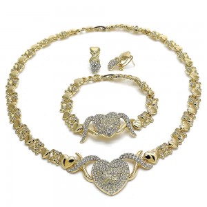 Gold Filled Necklace Bracelet and Earring Heart and Hugs and Kisses Design With White Crystal Polished Finish Golden Tone